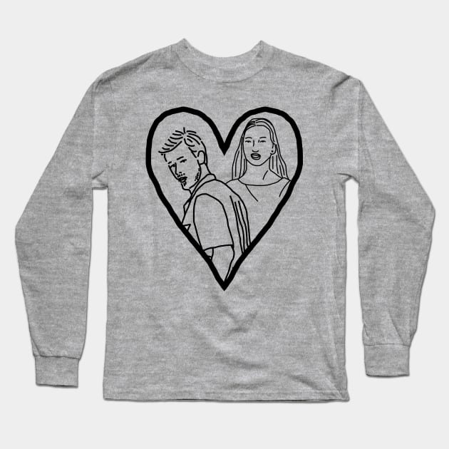 Valentine for Distracted Boyfriend Meme and Mystery Woman Line Drawing Long Sleeve T-Shirt by ellenhenryart